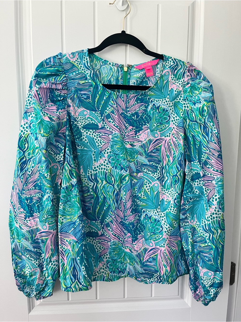 Lilly Pulitzer Tropical Puff-Sleeve Blouse in Teal & Pink